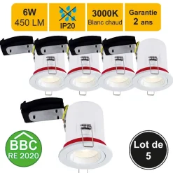 Lot de 5 supports spot BBC IP20 + GU10 6W 450lm inclus- garantie 2 ans