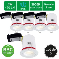 Lot de 5 supports spot BBC salle de bain IP65 + GU10 6W 450lm inclus - garantie 2 ans