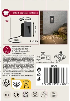 Luminaire mural extérieur encastré à LED High IP44 carré 103x62mm 3000K 4W 30lm 230V Noir Aluminium