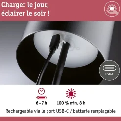 Luminaire rechargeable Tuni IP44 gradable 2700K Noir mat