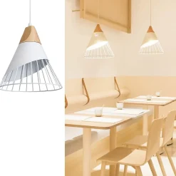 Lustre de Plafond Forme Bdminton : Métal Blanc et Bois de Style Nordique, pour Salle à Manger, Salon, Bureau, Restaurant