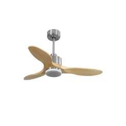 Modulo Slim - Super destratificateur et ventilateur DC 106 cm chrome avec lumière pales bois clair idéal 10 à 20 m²