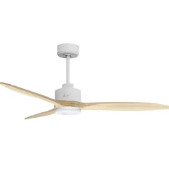 Modulo slim - Super destratificateur et ventilateur DC 132 cm Blanc pales bois clair avec Lumière 25 à 35 m²