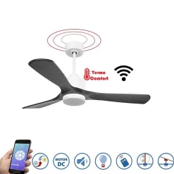 Modulo Slim - Super destratificateur et ventilateur DC 132 cm blanc avec lumière pales bois noir idéal 26 à 40 m²