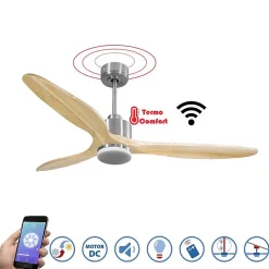 Modulo Slim - Super destratificateur et ventilateur DC 166 cm chrome avec lumière pales bois clair idéal 30 à 60 m²