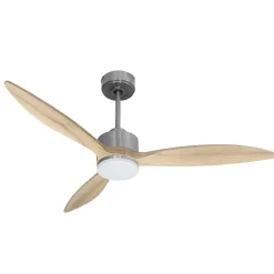 Modulo slim - Super destratificateur et ventilateur DC 132 cm Chrome pales bois clair avec Lumière 25 à 35 m²