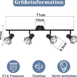 NETTLIFE 4 Spots de Plafond Noir Vintage Rétro E14 Industriel Métal Intérieur pour Salon Chambre d'enfant Cuisine