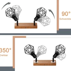 NETTLIFE 2 spots de plafond noir bois vintage E14 en métal, plafonnier pour cuisine salon chambre salle à manger, max 25W