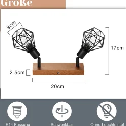 NETTLIFE 2 spots de plafond noir bois vintage E14 en métal, plafonnier pour cuisine salon chambre salle à manger, max 25W
