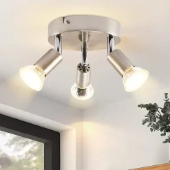 NETTLIFE 3 spots de plafond GU10 en métal nickel rond, lampe moderne pour salon chambre, max 3x25W