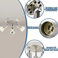 NETTLIFE 3 spots de plafond GU10 en métal nickel rond, lampe moderne pour salon chambre, max 3x25W
