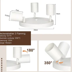NETTLIFE 3 Spots de plafond couloir salon blanc rond GU10 en métal orientables design pour chambre cuisine