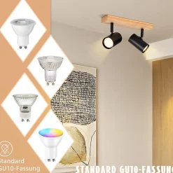 NETTLIFE 2 Spots de plafond bois noir GU10 orientables à style rétro industriel pour salon chambre couloir salle à manger