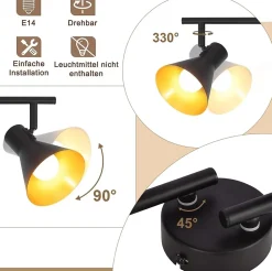 NETTLIFE 4 Spots Plafonnier Salon Noir Vintage 71CM E14 Métal Industriel pour Chambre Cuisine Couloir