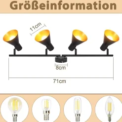 NETTLIFE 4 Spots Plafonnier Salon Noir Vintage 71CM E14 Métal Industriel pour Chambre Cuisine Couloir