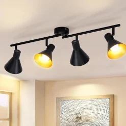 NETTLIFE 4 Spots Plafonnier Salon Noir Vintage 71CM E14 Métal Industriel pour Chambre Cuisine Couloir