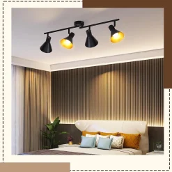 NETTLIFE 4 Spots Plafonnier Salon Noir Vintage 71CM E14 Métal Industriel pour Chambre Cuisine Couloir