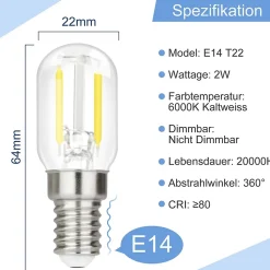 NETTLIFE Ampoules LED Ampoules LED E14 ampoules vintage T22 2W E14, 2 pièces, blanc froid, 6000K