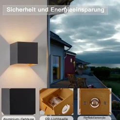 NETTLIFE Applique LED 3W -G9 Lampe Murale Extérieur Intérieure Noire et Dorée, étanche double faisceau réglable IP65 230V 3000K