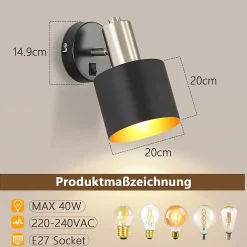 NETTLIFE Applique Murale Intérieur Spot Mural Vintage Noir Pivotant E27 Petit Métal