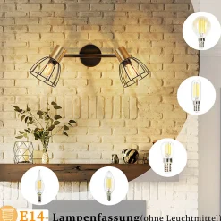 Nettlife Applique murale d'intérieur, lampe murale vintage, douille E14, noire, métal à 2 lumières (Sans ampoules)