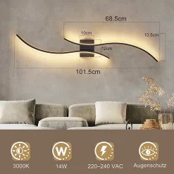 NETTLIFE Applique murale LED d'intérieur - 14W lampe de couloir 100CM lampe d'escalier noire design vague moderne 3000K