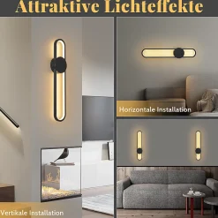 NETTLIFE Applique murale LED d'intérieur - 12W lampe d'escalier 60cm noir lampe de couloir design moderne 3000K