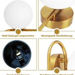 NETTLIFE Applique murale d'intérieur E14 boule de verre doré rétro moderne éclairage mural de chambre à coucher