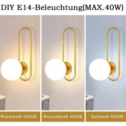 NETTLIFE Applique murale d'intérieur E14 boule de verre doré rétro moderne éclairage mural de chambre à coucher