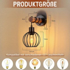 NETTLIFE Applique murale salon vintage bois : applique avec interrupteur éclairage mural noir au design industriel E27