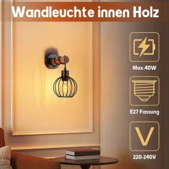 NETTLIFE Applique murale salon vintage bois : applique avec interrupteur éclairage mural noir au design industriel E27