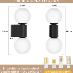 NETTLIFE Applique murale d'intérieur moderne en verre blanc noir 2 ampoules max 25W G9 (sans ampoule)