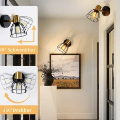 Nettlife Applique murale d'intérieur, style vintage - noire, spot mural à une ampoule, lampe de couloir, E14, (Sans ampoule)