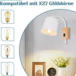 NETTLIFE Applique murale en bois avec interrupteur - Spot mural 1 flamme E27 Blanc Lampe de couloir , Sans ampoule