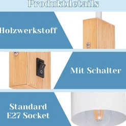 NETTLIFE Applique murale en bois avec interrupteur - Spot mural 1 flamme E27 Blanc Lampe de couloir , Sans ampoule