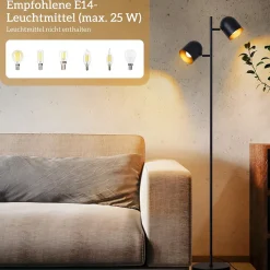 NETTLIFE Lampadaire 2 Ampoules Noir Doré Métal E14 Rétro Industriel Lampadaire