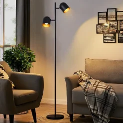 NETTLIFE Lampadaire 2 Ampoules Noir Doré Métal E14 Rétro Industriel Lampadaire