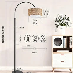 Nettlife Lampadaire Arqué en Rotin Style Bohème Vintage Dimmable, Noir