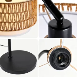 Nettlife Lampadaire Arqué en Rotin Style Bohème Vintage Dimmable, Noir