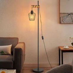 NETTLIFE Lampadaire de salon en bois Lampe de sol vintage : Lampe de salon noire Lampadaire sur pied E27 146 cm (sans ampoule)