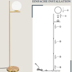NETTLIFE Lampadaire doré industriel avec interrupteur au pied, design métallique en verre blanc, E27 , câble de 2 mètres
