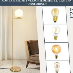NETTLIFE Lampadaire doré industriel avec interrupteur au pied, design métallique en verre blanc, E27 , câble de 2 mètres