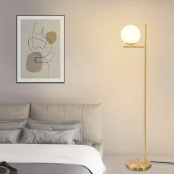 NETTLIFE Lampadaire doré industriel avec interrupteur au pied, design métallique en verre blanc, E27 , câble de 2 mètres