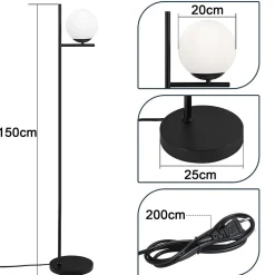 NETTLIFE Lampadaire Industriel - Noir Moderne avec Interrupteur à Pied Métal Design Blanc Verre Lampadaire E27 Vintage Câble 2M