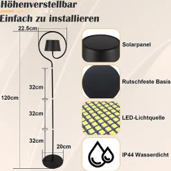 NETTLIFE lampadaire LED dimmable 120cm pour salon. Solaire extérieur avec batterie rechargeable USB-C. Sans fil, hauteur réglable.