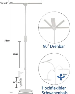 NETTLIFE Lampadaire LED Salon dimmable- 158CM Moderne réglables Lampadaire tactile 9W avec minuterie & fonction mémoire
