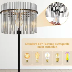 NETTLIFE lampadaire noir avec abat-jour en verre lampe sur pied E27 avec interrupteur au pied (ampoule non incluse)