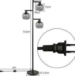 NETTLIFE Lampadaire Salon Vintage - e27 3 flammes 25W noir industriel Lampe sur pied 152CM avc interrupteur à pied