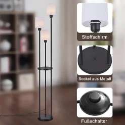 NETTLIFE Lampadaire salon E27 vintage 3 lampes abat-jour tissu interrupteur au pied