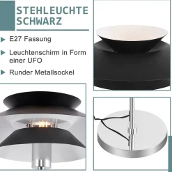 NETTLIFE Lampadaire Salon Noir Moderne E27 1 flamme avec interrupteur à pied Vintage Métal Design Industriel Hauteur 145CM